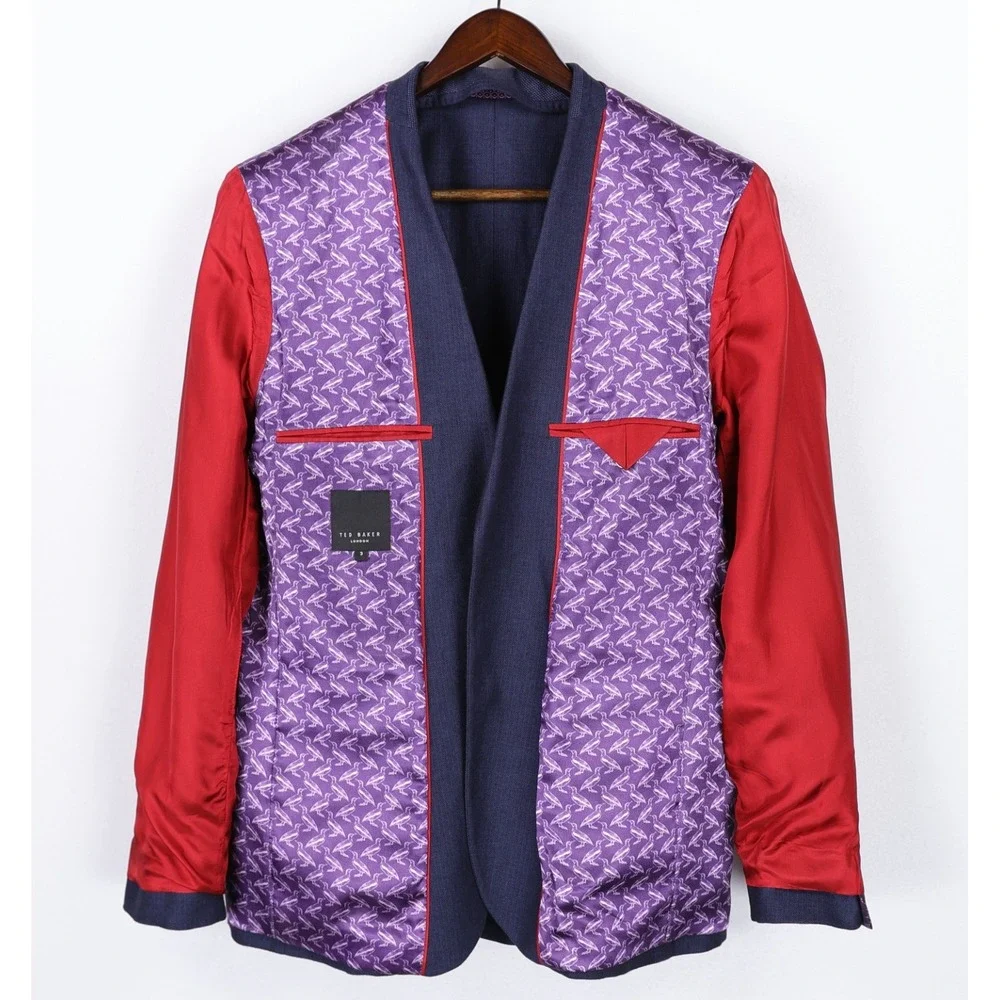 Ted Baker Blazer Sport Coat Size 3 (38) Blue Linen Cotton Purple Lining Popping
